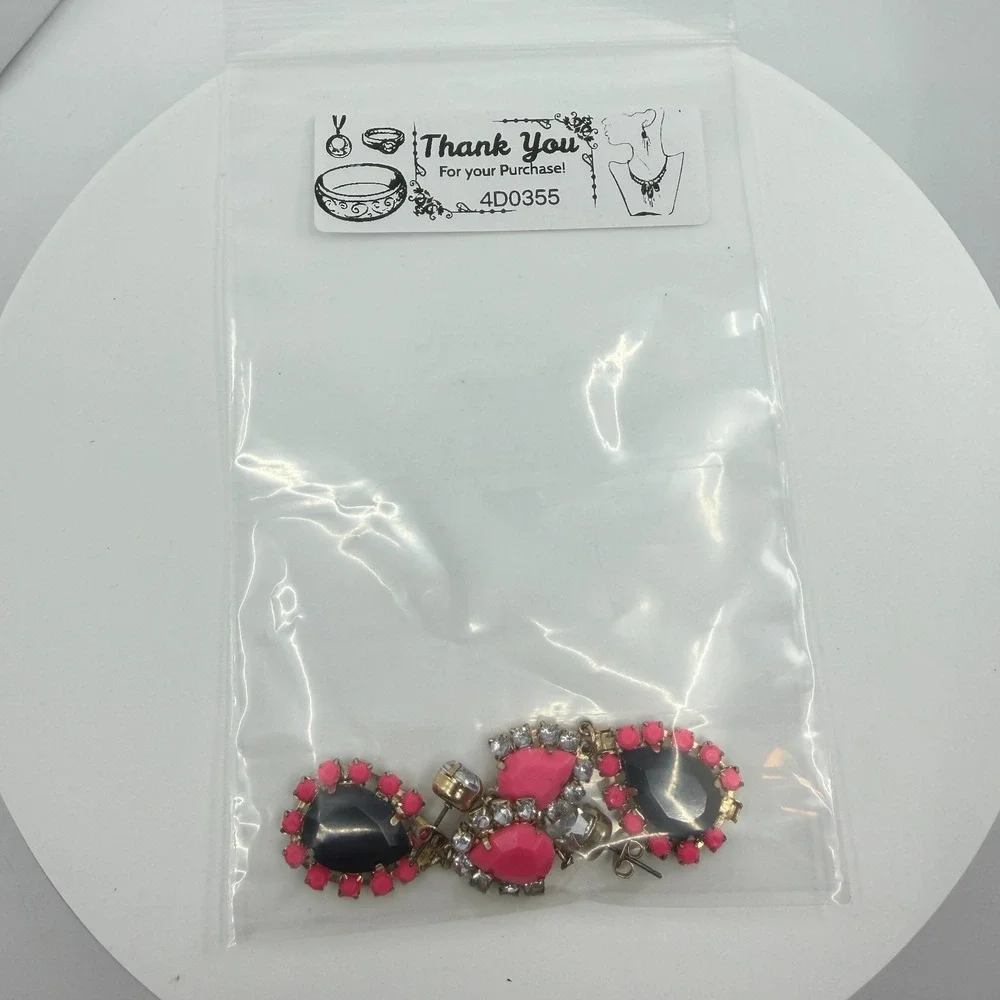 Earrings Neon Pink Black Rhinestone Teardrop Dangle Gold Tone Bold Statement